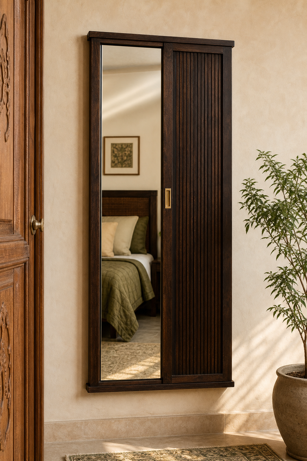 Mango Wood Sliding Door Dressing Wall Mirror in Tubbaq Finish